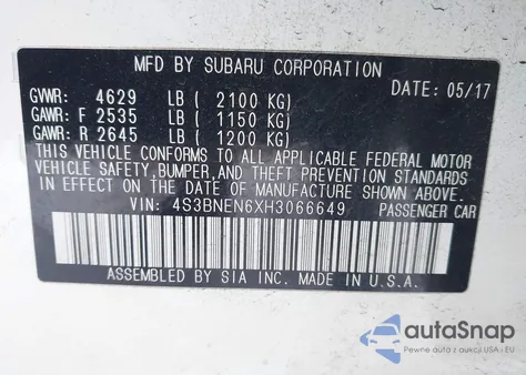 2017 Subaru Legacy 3.6R Limited from USA, damaged, VIN 4S3BNEN6XH3066649